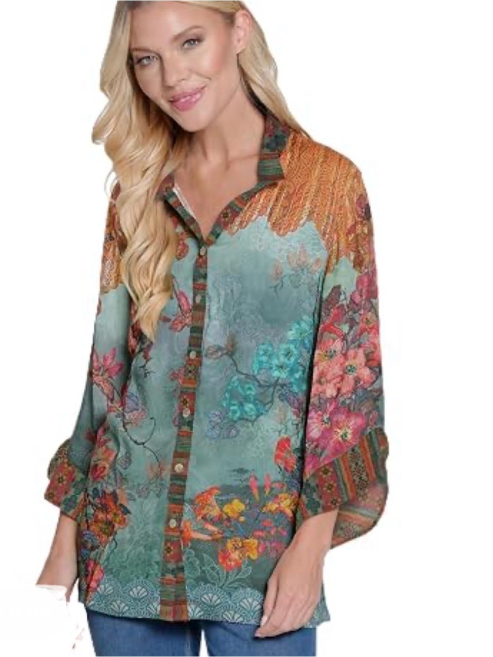 John Mark floral print tunic features three-quarter ruffle detail sleeves 2X